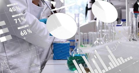 Pipetting scientist handling pipette on lab bench with glassware, tubes and data overlay