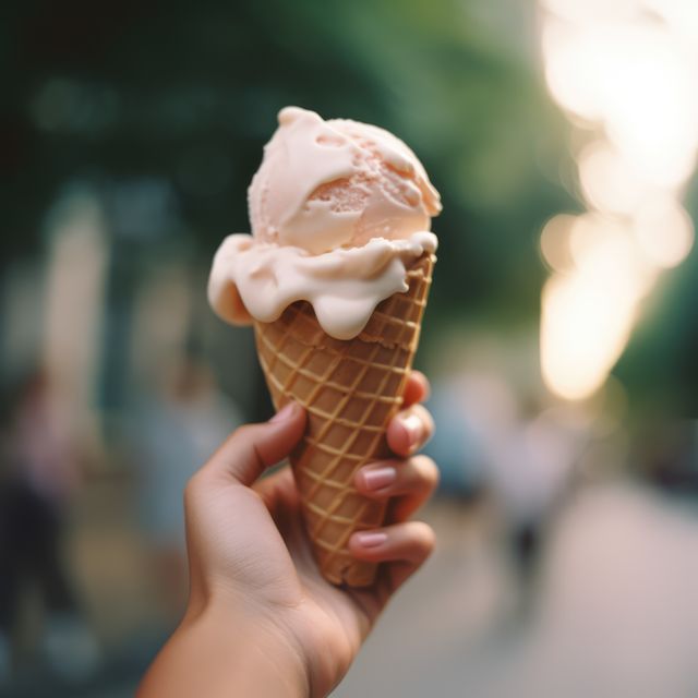 Hand of caucasian woman holding white ice cream in cone, created using generative ai technology. Dessert, flavour, colours and food concept digitally generated image.