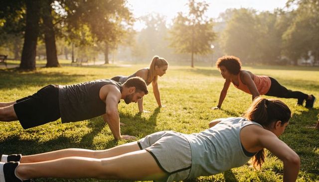 Group training holding plank positions on sunlit park lawn for outdoor fitness routines