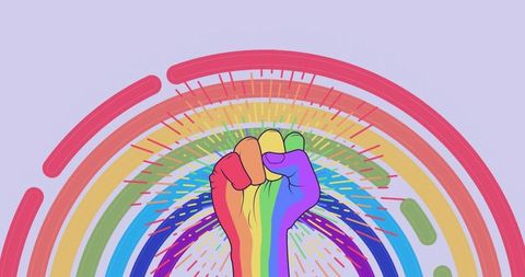 Rainbow Fist Raising Pride Power Graphic with Radiant Multicolor Arcs and Burst
