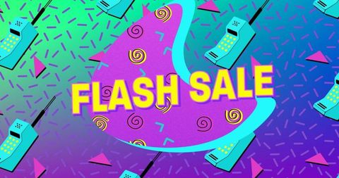 Retro Flash Sale Banner with Vintage Cell Phones and Bright Patterns