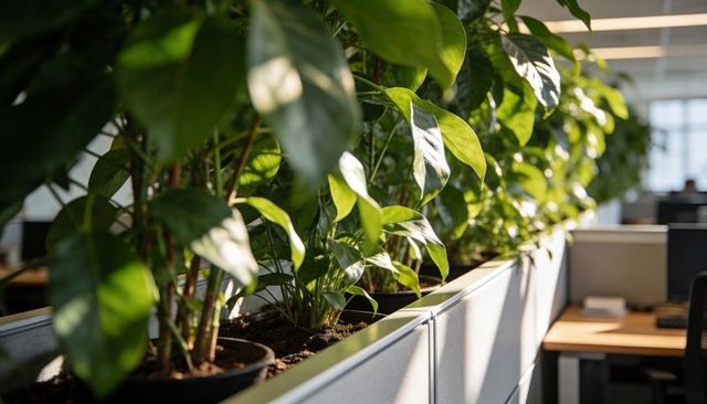 Lush office planter creating green partition in open-plan workspace with natural daylight