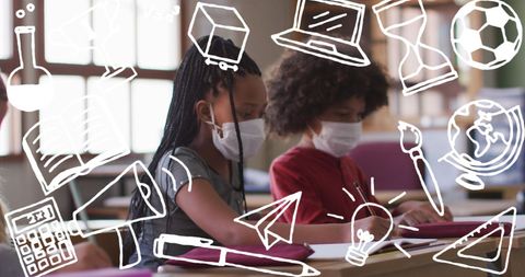 Students Wearing Masks in Classroom with Animated Learning Icons