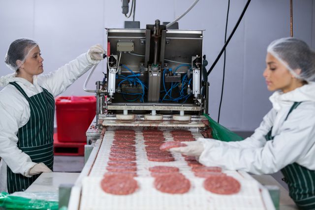Female butcher processing hamburger patty at meat factory