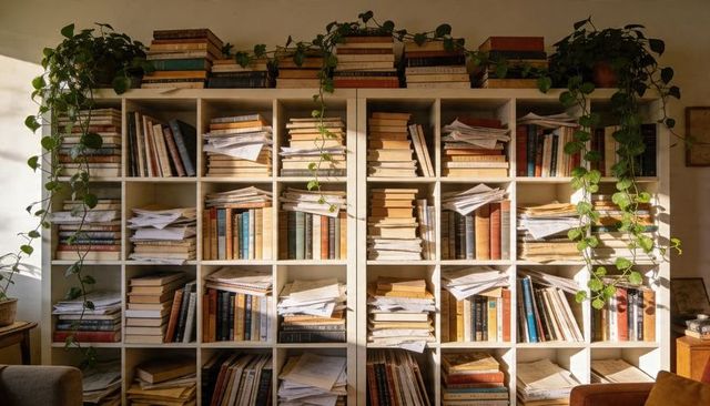 Sunlit cluttered white bookshelf filled with vintage books, papers and trailing pothos