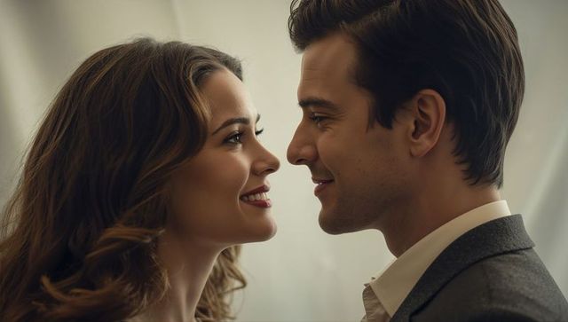 Smiling couple leaning in for romantic close-up with soft curtains backdrop and warm lighting