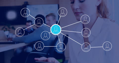 Businesswoman Using Tablet with Networking Icons Overlay