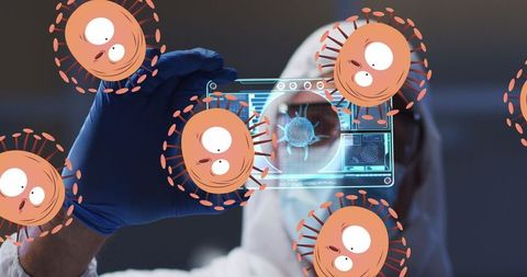 Scientist analyzing virus hologram with animated viruses overlay