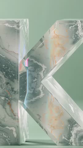 Vertical panning and zooming around marbled 3D letter K revealing neon glows