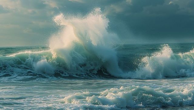 Dramatic ocean waves crashing against dark horizon