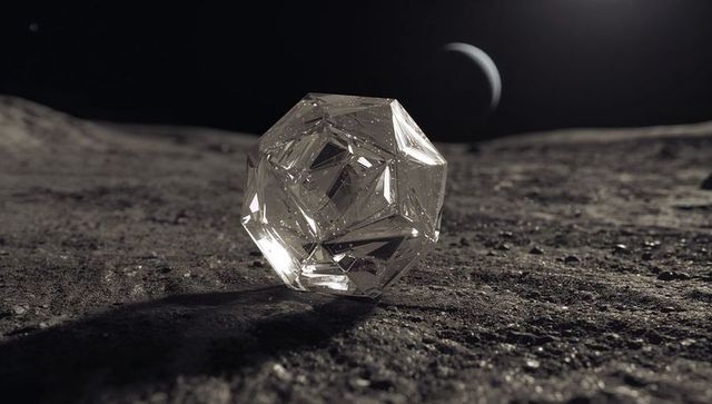 Glinting clear crystal polyhedron resting on lunar regolith with crescent planet backdrop