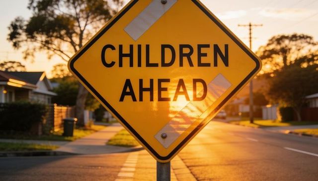 Sunset-lit children ahead sign reflecting on quiet suburban street at golden hour