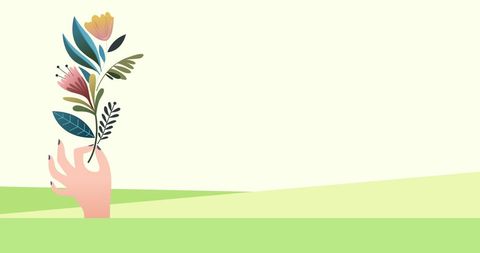 Minimalist Hand Holding Colorful Flowers on Green Background