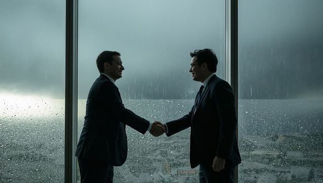 Businessmen shaking hands by rainy window overlooking stormy ocean for corporate deal