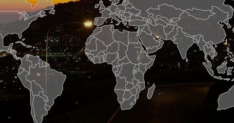 World Map Overlay on Night Cityscape for Business Technology Theme - Download Free Stock Images Pikwizard.com