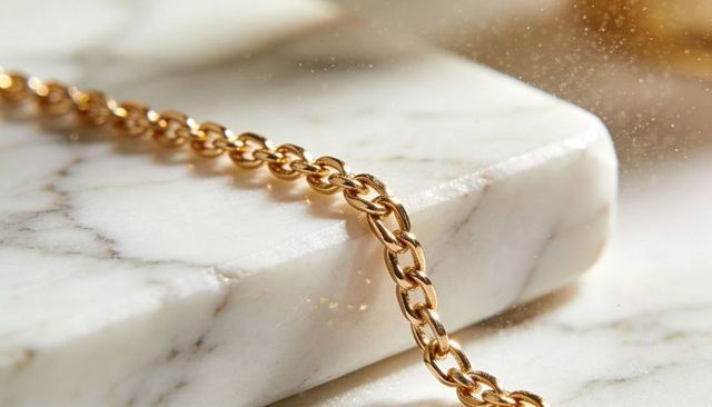 Glistening gold chain draping over white marble slab, sparkling dust and studio highlights
