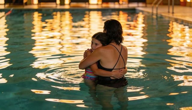 Caregiver embracing child in indoor pool at golden evening light, tender swim moment