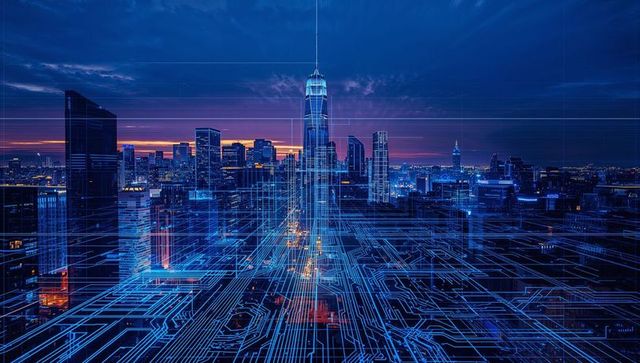 Futuristic Cityscape with Digital Circuit Grid Overlay