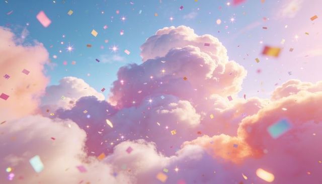 Dreamlike pastel cumulus clouds drifting glowing sunrise sky with sparkling confetti