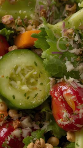 Vertical panning video across fresh salad with cucumber, cherry tomatoes and sprouts