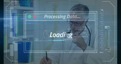 Senior doctor reviewing patient chart with hud loading data overlay for telemedicine
