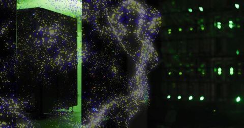 Swirling luminous particle cloud passing neon-lit rack in futuristic digital exhibition