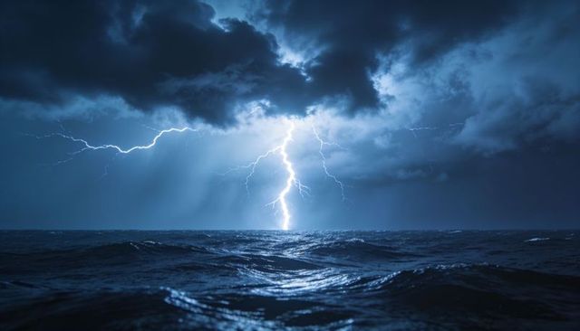 Dramatic lightning bolt striking open ocean night storm illuminating turbulent waves