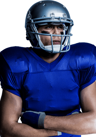 Confident football player in blue uniform on transparent background