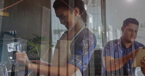 Coffee and Technology: Barista Working Amid Digital Financial Data