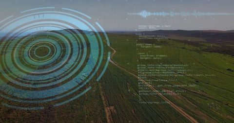 Futuristic Agricultural Technology Overlaid on Farmland Landscape