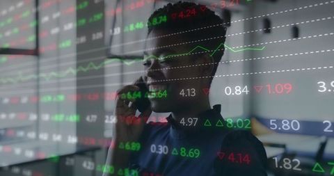 Businesswoman Talking on Smartphone with Digital Financial Overlay