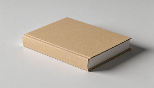 Resting cardboard hardcover book lying flat with blank white pages on light gray backdrop