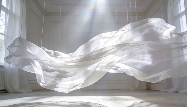 Floating sheer fabric installation catching sunbeams in minimal white loft