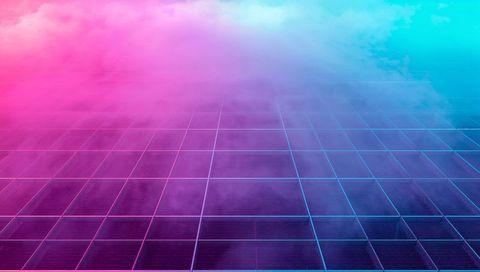 Neon grid horizon with magenta-to-cyan fog, futuristic synthwave glossy tiles