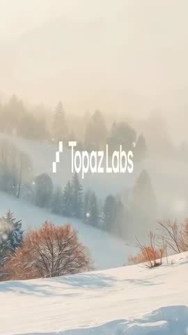 Vertical winter snowfall over snow-covered hillside and pine valley with TopazLabs logo