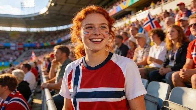Joyful norwegian football fan wearing flag jersey cheering in sunlit stadium crowd