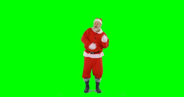 Santa Claus happily dancing in traditional red Christmas costume on a vibrant green screen background. Ideal for holiday and festive promotions, Christmas greetings, and seasonal marketing materials, this image can be used to add a joyful and celebratory vibe to advertisements and content creation.