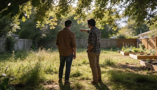 Two men surveying overgrown backyard with raised garden beds under tree canopy