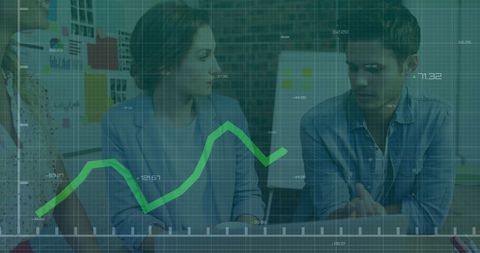 colleagues discussing financial data with graph overlay in modern office - Download Free Stock Images Pikwizard.com