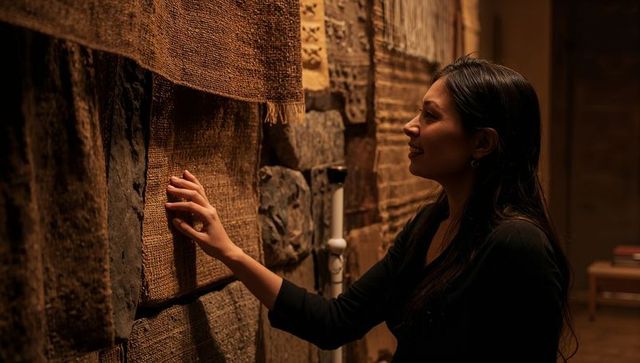 Woman touching woven textiles and stone reliefs under warm gallery lighting