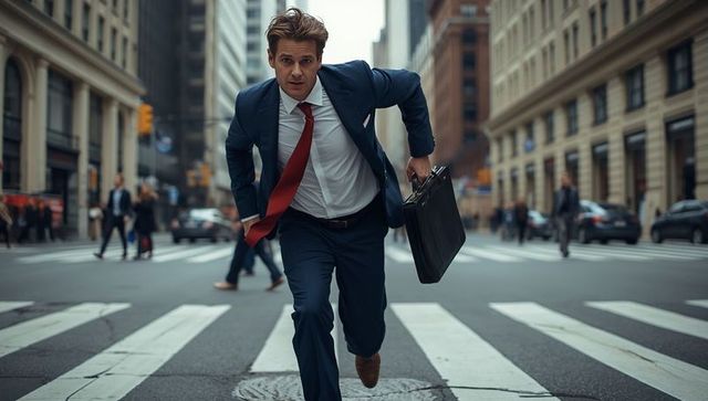 Businessman rushing through city street with briefcase