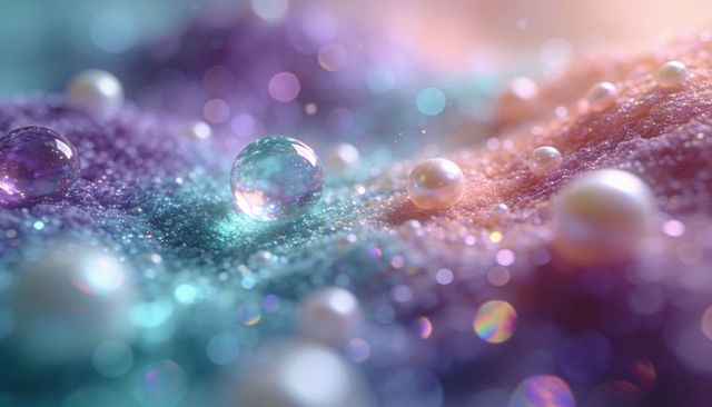Glistening pastel droplet and pearl beads on glittering textured surface with soft bokeh