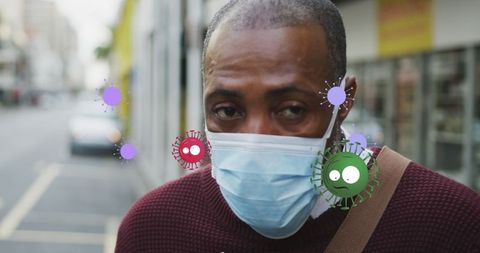 African american man wearing face mask with virus illustration