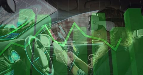 Woman Using AR Headset and Tablet in Car Cabin with Holographic Analytics Overlays