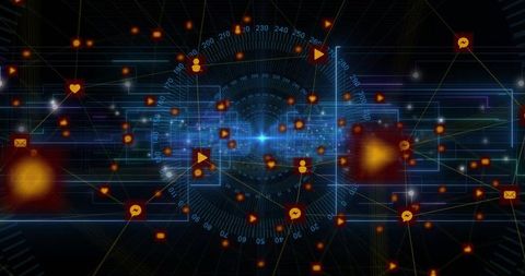 Pulsing Cyber Network Hub with Radial Blue Starburst, Neon Data Streams, Linked Nodes