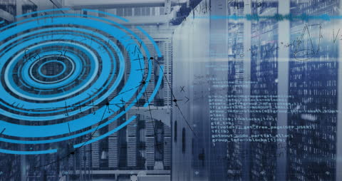 Data Processing Animation Over Server Room Conveying Global Technology