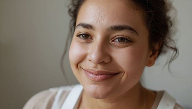 Smiling young woman looking right in soft natural light closeup portrait with warm tone