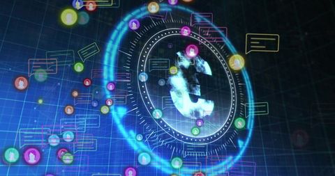 Holographic cyber network hud with glowing globe, chat avatars, data streams and neon interface