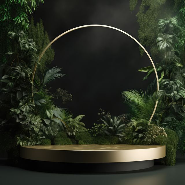 Luxurious Green Foliage Backdrop with Golden Circular Frame and Platform - Download Free Stock Images Pikwizard.com