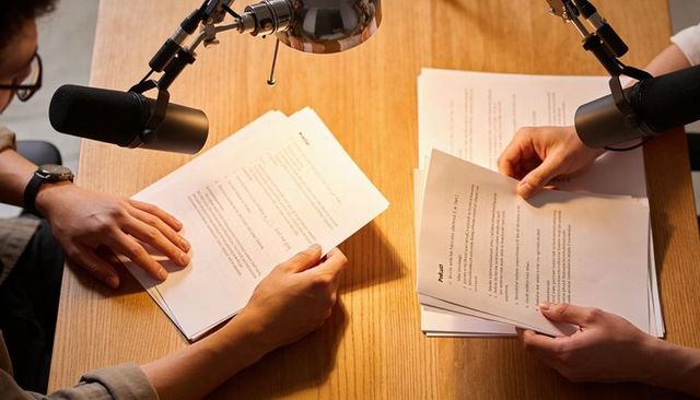 Podcast Hosts Preparing and Reading Script at Wooden Table with Microphones and Desk Lamp